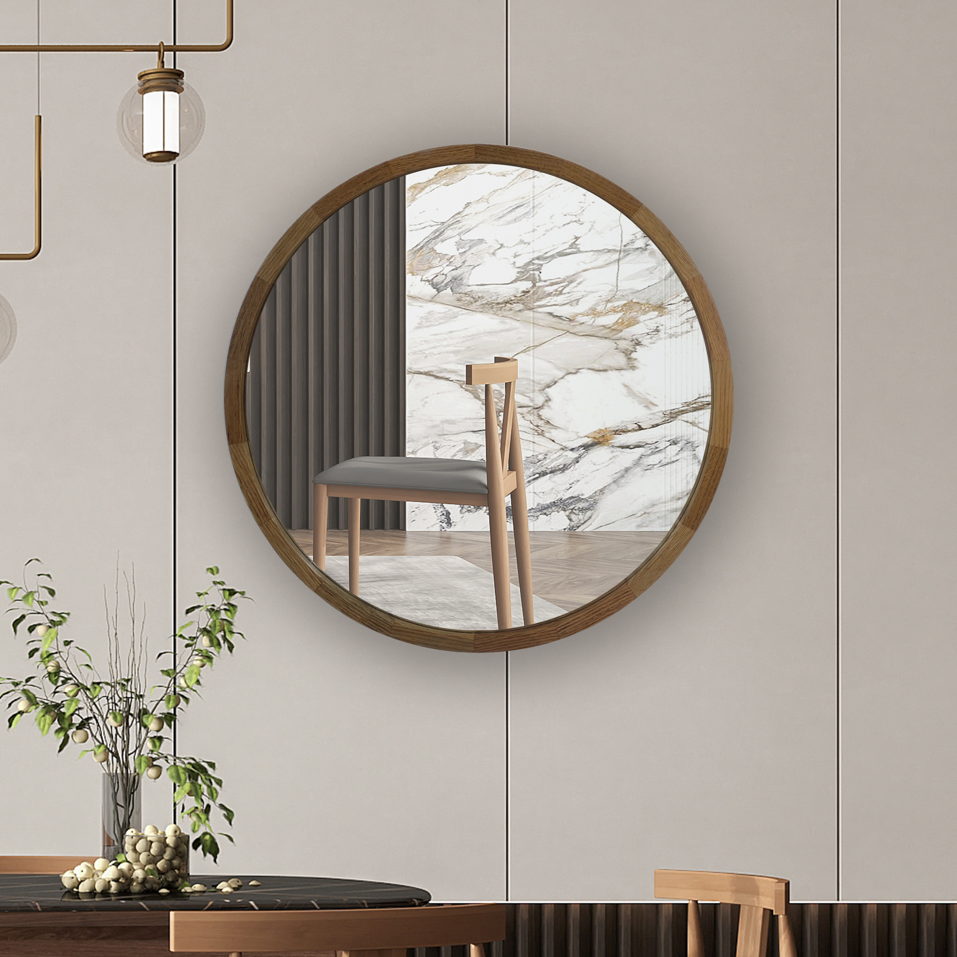 round wooden mirror with shelf